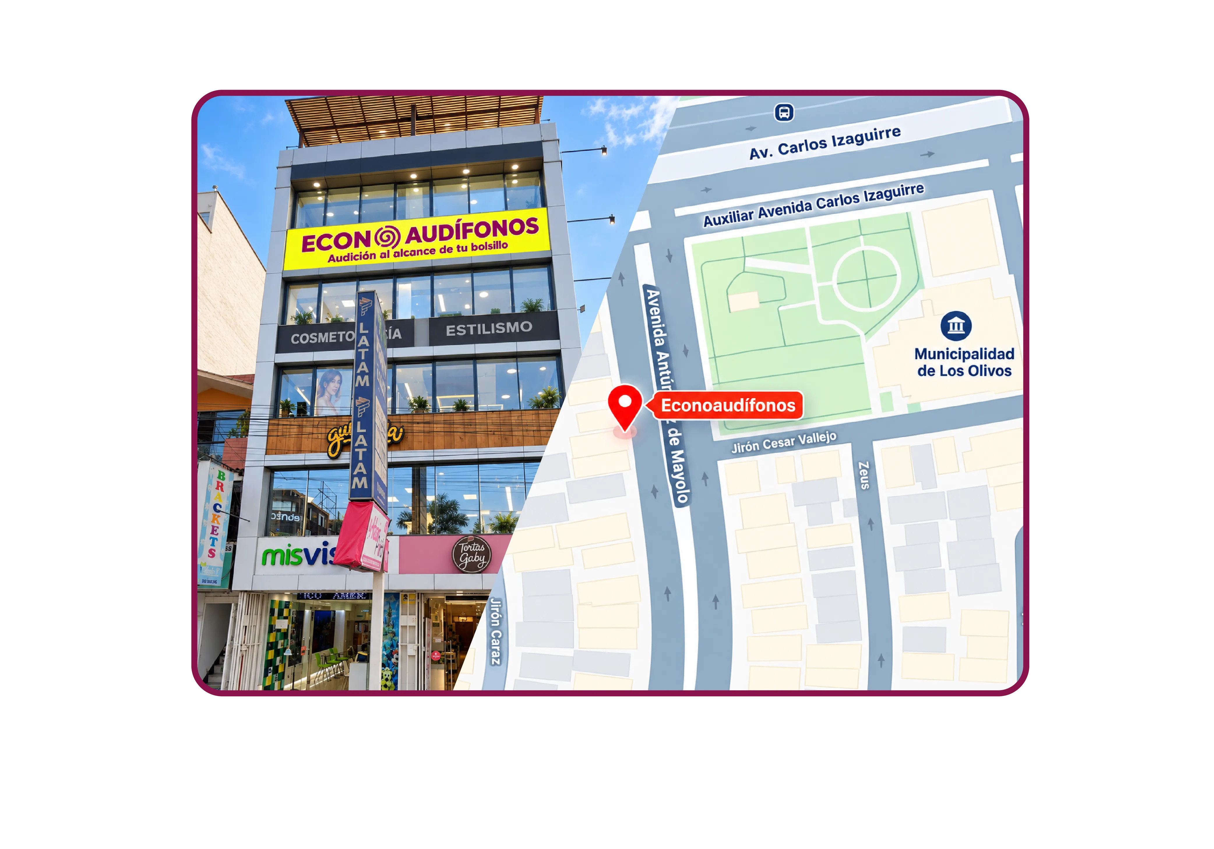 Local de EconoAudífonos y mapa de ubicación frente a la Municipalidad de Los Olivos